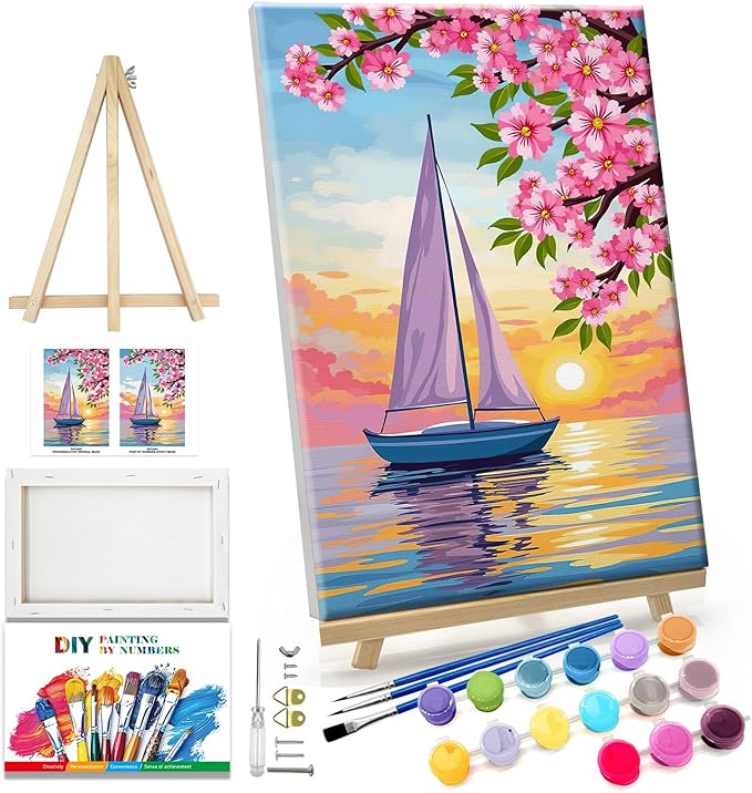 JOOZ Sailboat Paint by Numbers Kit for Adults with Frame Sunset Paint by Number with Easel Flowers Adult Paint by Number Kits Framed Canvas Oil Painting Kits for Home Wall Decor 8x12 Inch