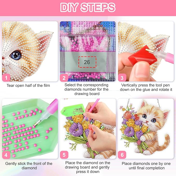 QENSPE Cute Cat Diamond Art Hanging Kits for Adults, 5D Special Shape Diamond Paingting Ornaments Kits with Chain, DIY Flowers Crystal Window Pendants for Home Garden Wall Decor Double Sided 8X8 inch