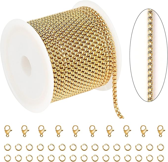KYUNHOO 16.4 Feet Gold Plated Rolo Chain Spool 304 Stainless Steel Chain for Jewelry Making Beaded Box Link Chain Bulk for Necklace Bracelet DIY with Jump Rings and Lobster Clasps