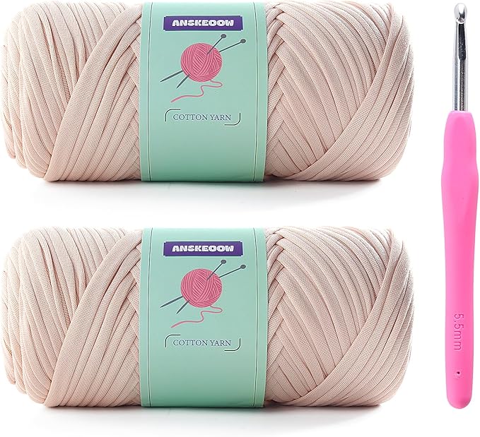 2 Skeins Tshirt Yarn for Crochet,Soft T Shirt Yarn for Crocheting Bag/Basket/Home Decor,Trapillo para Tejer a Crochet Bolsas with 1 Crochet Hook,Each Ribbon Yarn 7oz, 65yd