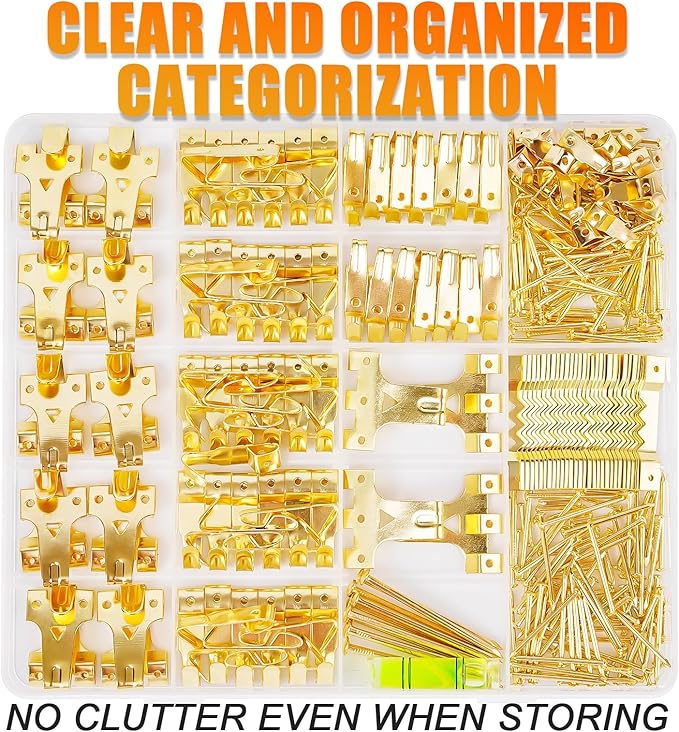 KURUI Picture Hangers, 385Pcs Picture Hanging Kit with Heavy Duty Picture Hanging Hooks, Sawtooth, Hardware Nails and Picture Hanging Tool, Wall Hangers for Frame, Painting, Art, Photo (Gold)