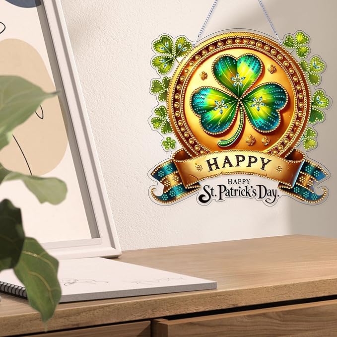 VODAPYC Saint Patrick's Day Diamond Art Hanging Kits for Adults, DIY Double Sided Special Shaped Diamonds Art Window Pendant Ornament for Home Decor(Clover Wreath)