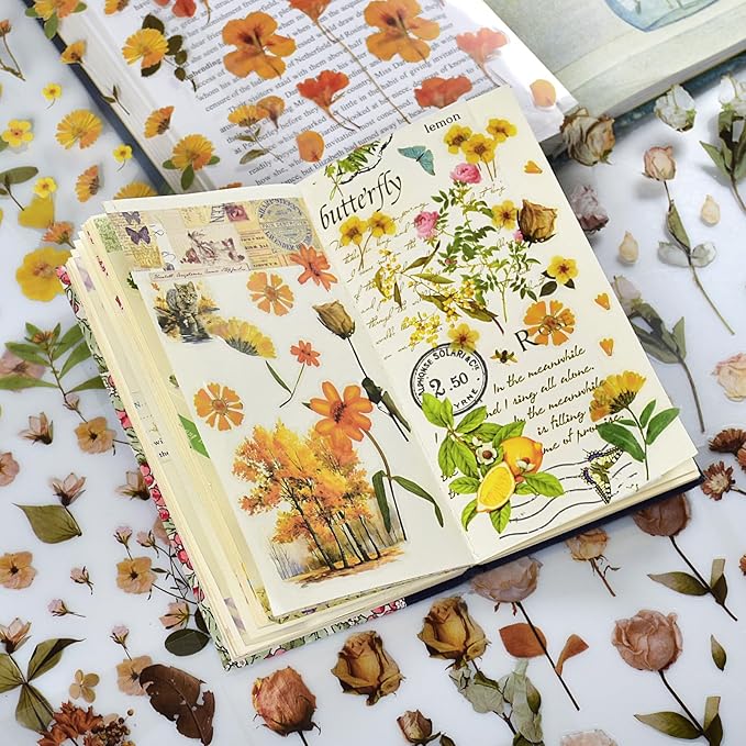 DAPUTOU 400PCS Plants Floral Scrapbook Stickers Kit Vintage Flowers Fall Maple Leaves Transparent Waterproof Stickers Book for Scrapbooking Supplies Aesthetic Junk Journal Journaling Craft 20-Page