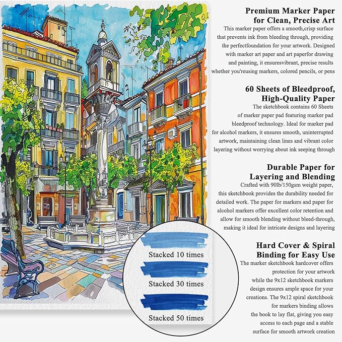 marker paper sketchbook 9x12, 60 sheets marker pad for alcohol markers, 90lb/150gsm paper for markers with no bleeding, sketch book for alcohol markers bleedproof for adults, artists, beginners, kids.