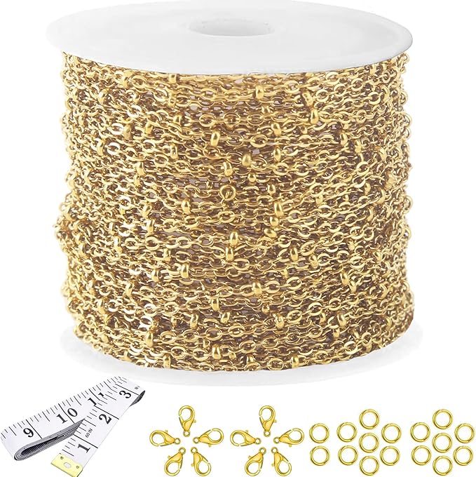 16Ft Stainless Steel Bead Chain for Jewelry Making, 1.6mm Thin Gold Plated Ball Beaded Cable Link Chains Roll for DIY Necklace Bracelet Jewelry Making Supplies with Lobster Clasps Soft Tape Measure