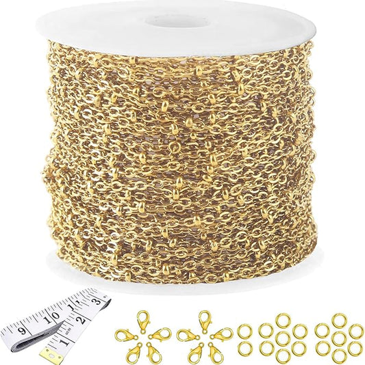16Ft Stainless Steel Bead Chain for Jewelry Making, 1.6mm Thin Gold Plated Ball Beaded Cable Link Chains Roll for DIY Necklace Bracelet Jewelry Making Supplies with Lobster Clasps Soft Tape Measure