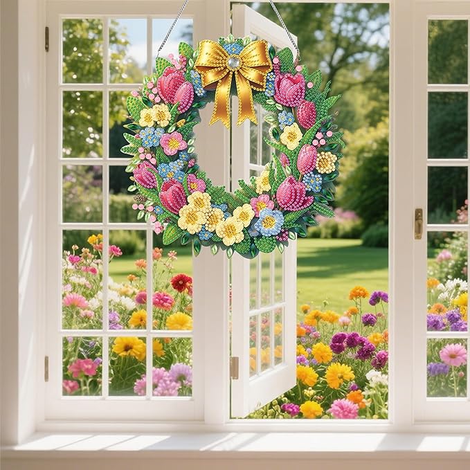 Ristpal Diamond Painting Kits Hanging for Adult, Special Shaped Rhinestone, DIY Acrylic Diamond Art Painting Window Pendants Home Garden Wall Hanging Kits for Home Decor and Gifts (Wreaths)