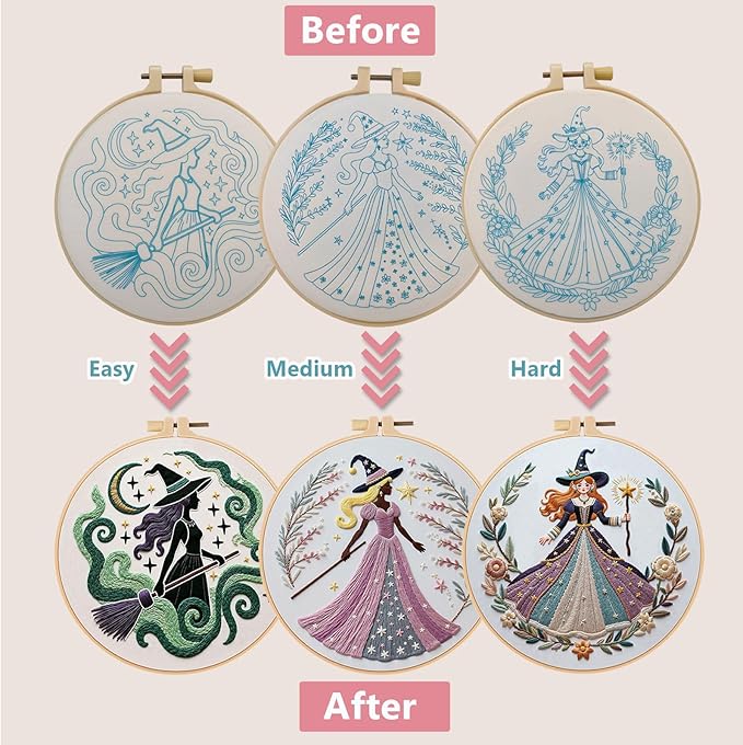 Embroidery Kit for Adults, Pre-Stamped Pattern Embroidery Kit for Beginners, DIY Hand Needlepoint Starter Kit with Hoop Thread Needle Instruction, 6.3'' Hoop (Witch 3 Packs)