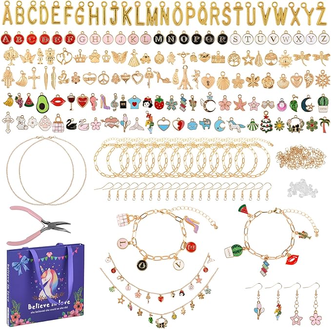 408Pcs Gold Charm Bracelet Making Kit for Girls, Including 12 Bracelet Chains, 152 Charms, 200 Jump Rings, 20 Earing Hook, 2 Necklace, 1 Jewelry Plier for DIY Crafting and Jewelry Making for Adults