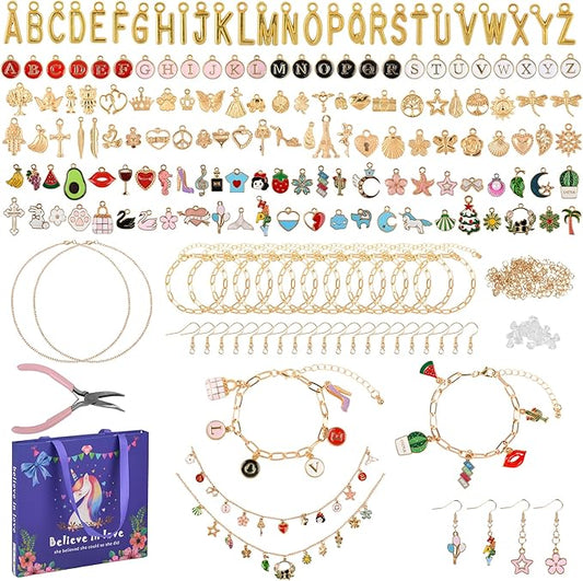 408Pcs Gold Charm Bracelet Making Kit for Girls, Including 12 Bracelet Chains, 152 Charms, 200 Jump Rings, 20 Earing Hook, 2 Necklace, 1 Jewelry Plier for DIY Crafting and Jewelry Making for Adults