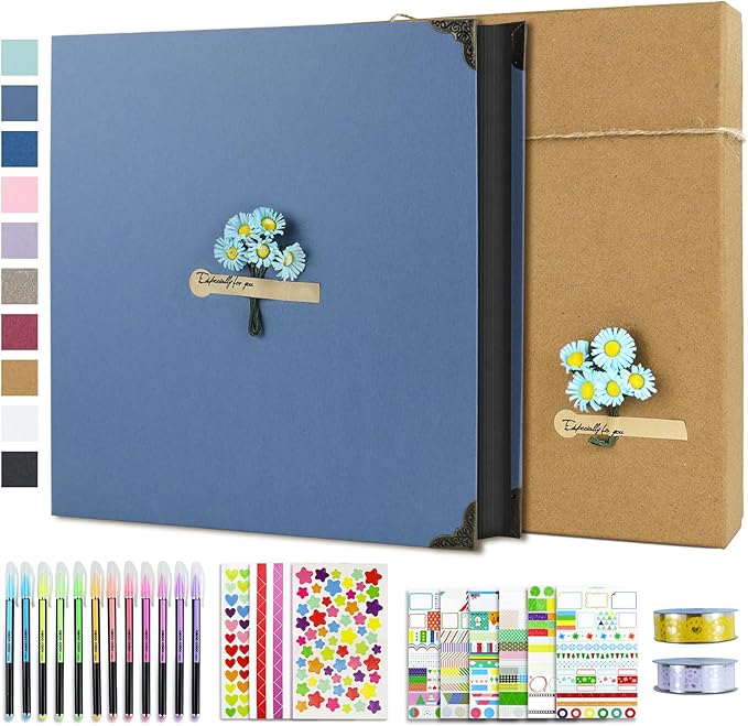 Vienrose DIY Scrapbook Photo Album Kit with Pens Tapes and Stickers 60 Pages Hardcover 12x12 Inches 3 Rings Removable Black Paper Scrapbooking for Lover Friends Kids Wedding Skyblue