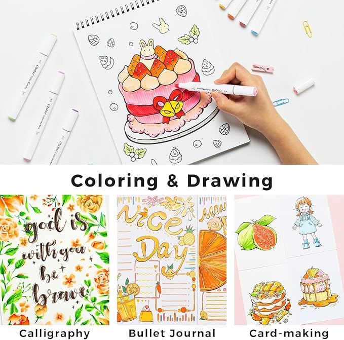 Ohuhu Markers for Adult Coloring Books No Bleeding 60 Colors Water-based Dual Tips Coloring Markers for Kids Adults Beginners Drawing Pens for Journaling Lettering (Brush & Fine)
