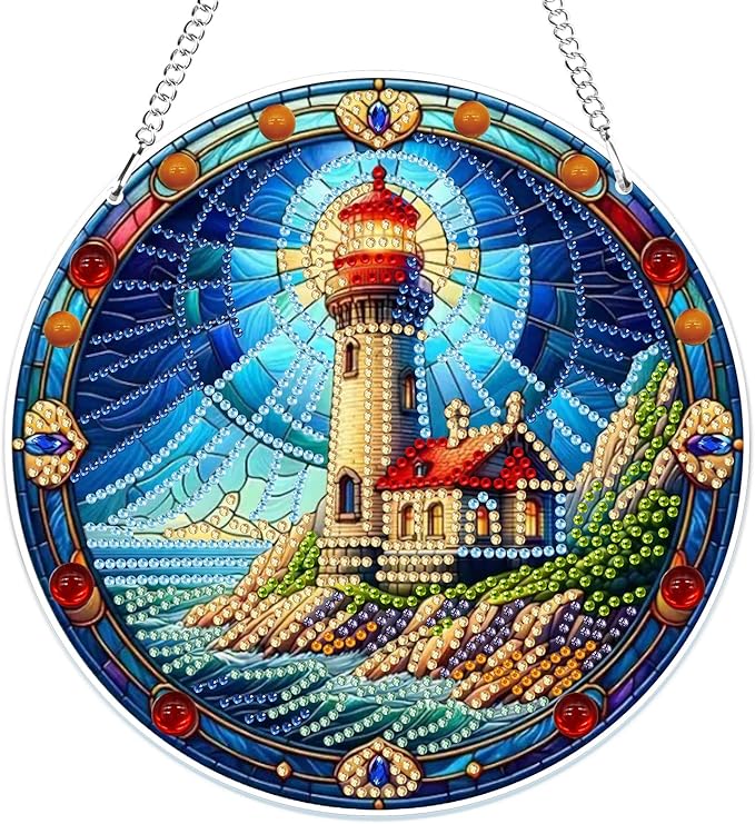 MOGTAA Hanging Diamond Art Painting Pendant Kits, 5D Lighthouse Diamond Art Kits for Adults, DIY Landscape Diamond Painting Kits Special Crystal Gem Art for Home Decor