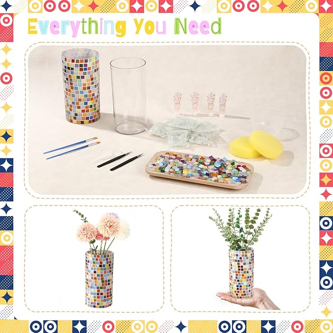 LemonRoad 2 Set DIY Mosaic Vase Kit Gifts for Adults Acrylic Cylinder Vases Arts and Crafts Kit with Complete Craft Accessories Supplies for Handmade Home Decor Painting Mosaic Lovers Birthday Gifts
