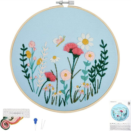 Flower Embroidery Kits for Beginners Adults, Hand DIY Embroidery Art Kits, Floral Stamped Cross Stitch Kits for Beginner Adults Craft Kits for Women, Entire Set of Embroidery Supplies & Video Tutorial