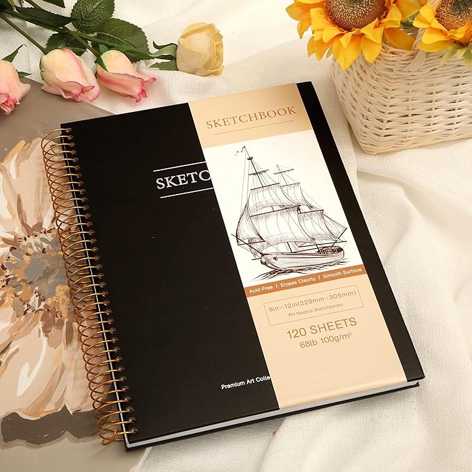 9 x 12 inches Hardcover Sketchbook for Drawing 120 Sheets Spiral Bound Sketch Pad Premium Art Sketchbook Artistic Drawing Painting Writing Paper(68lb/100gsm) for Kids Adults Beginners Artists, Black