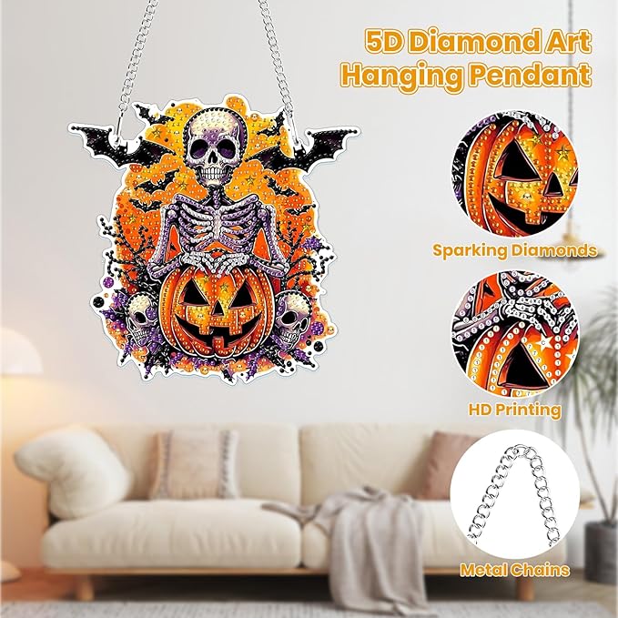 MOGTAA Halloween Skull Diamond Art Hanging Pendant Kits, Fall Pumpkin Diamond Art Suncatchers for Adults, 5D Special Shape Diamond Painting Skeleton Gem Art for Home Garden Wall Decor