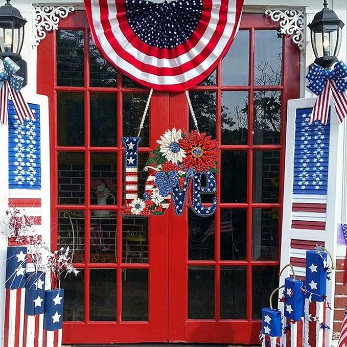 DOMROM 4TH of July Diamond Art Hanging Kit for Adult Beginners, Love and Flower DIY Diamond Art Hanging Kit, Patriotic Special Shaped Rhinestone, Window Pendant for Gift Garden Wall Home Decoration