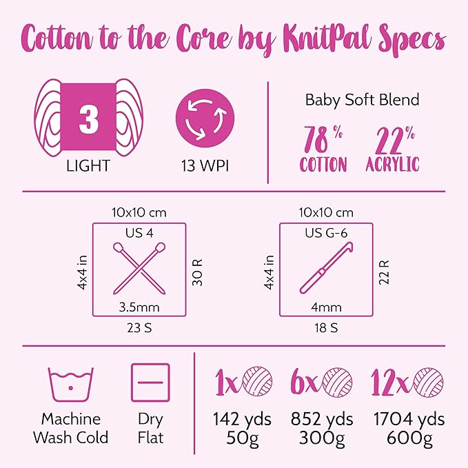 Cotton to The Core Cotton Yarn for Crocheting, 6-Pack (852 Yds / 300G), Free Patterns, Beginners Friendly - Soft Baby Yarn for Knitting - 3 DK Light Worsted Weight - ICY Blue