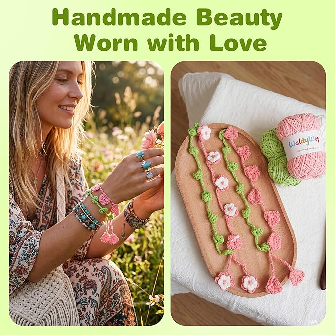 WaldyWop Crochet Kit for Beginners: 4 Flower Bracelets Knitting Kits for Adults Women w/Easy Yarn & Step-by-Step Video Tutorials -Wobbles Crochet Starter Kit for Crocheter, Birthday Gift for Mom