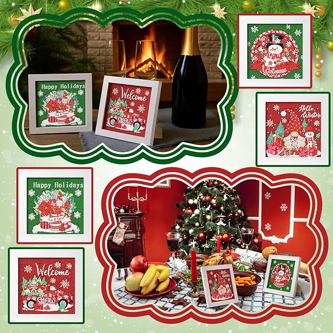 Geyoga 4 Pcs Christmas Diamond Painting Kits with Frame Christmas Snowman Gnome Diamond Art Kits for Adults Beginner Kids DIY Arts and Crafts Rhinestone Gem Art Home Wall Table Decor Gift 7 x 7 Inch