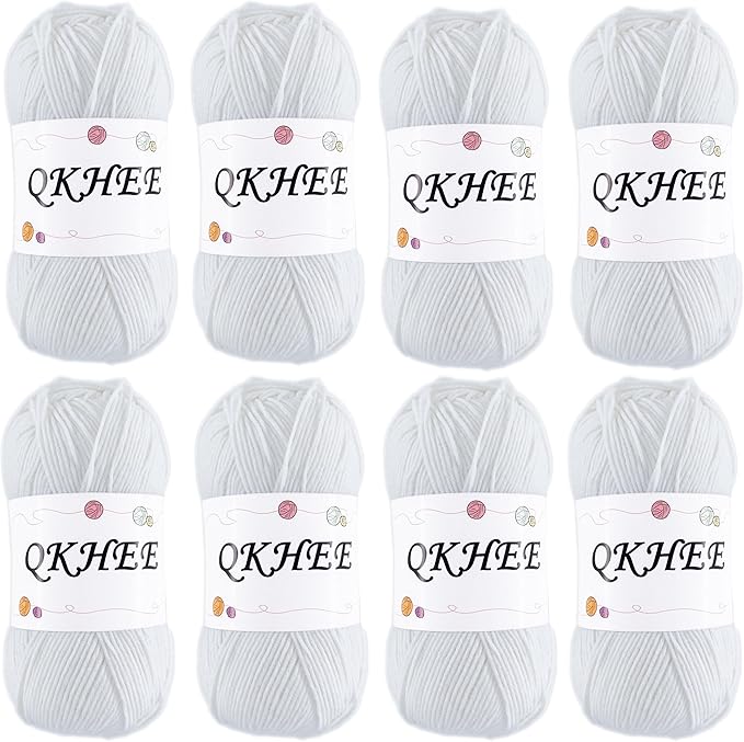 QKHEEYarn for Crocheting and Knitting 8 * 1.76 Oz (50G) /195yd,Fine/Fingering Weight (1), 60% Cotton 40% Acrylic Soft Yarn kit for Making Granny Squares and amigurumi (White)