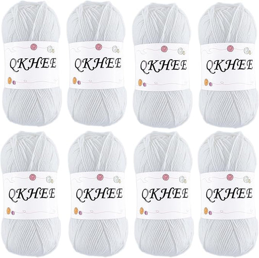 QKHEEYarn for Crocheting and Knitting 8 * 1.76 Oz (50G) /195yd,Fine/Fingering Weight (1), 60% Cotton 40% Acrylic Soft Yarn kit for Making Granny Squares and amigurumi (White)