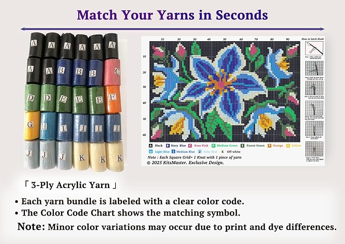 KitsMaster Blue Flower Latch Hook Rug Kit for Adults, Beginner-Friendly Rug Making Craft Set with Pre-Printed Canvas and Color-Coded Yarn, 23.6''x15.8'' (Midnight Bloom)