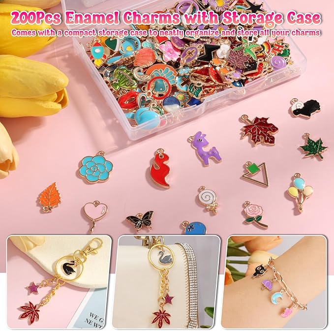 200Pcs Charms for Jewelry Making, Assorted Wholesale Mixed Bulk Metal Earring Bangle Charms for DIY Necklace Bracelet Jewelry Making and Crafting (Enamel Color)