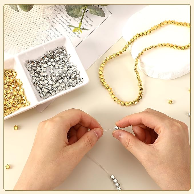 Augshy 700Pcs Star Spacer Beads - 6mm Silver & Gold for Crafts, Jewelry Making, Birthday Party, Friendship & Hair Beads