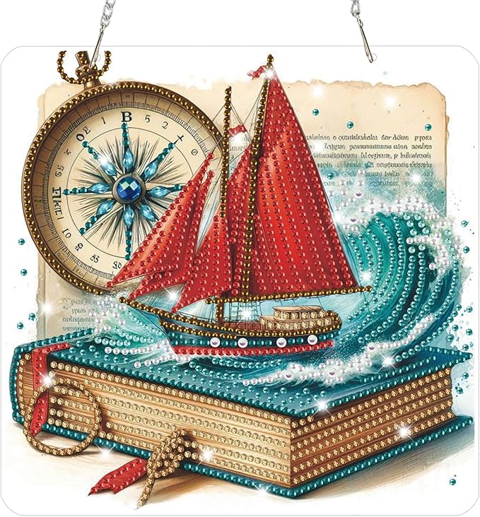Diamond Art Hanging Kits for Adults, Diamond Art Suncatchers Nautical Adventure with Compass & Book, 5D Special Shape Diamond Painting Pendant Window Ornament Gifts for Home Decor