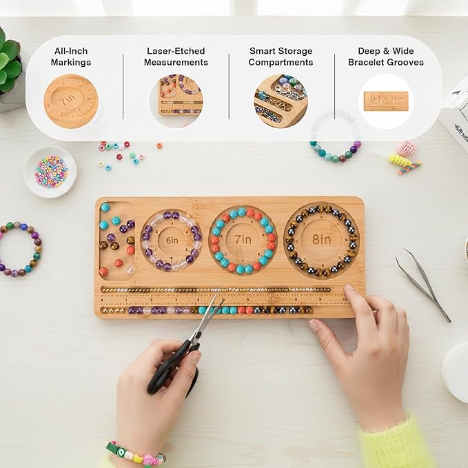 Bamboo Bead Board for Jewelry Making – Natural Bamboo Bracelet & Necklace Design Organizer with Grooved Sizes (Bracelet Slot Left)