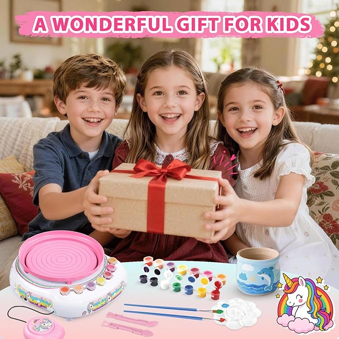 Pottery Wheel for Kids, Arts & Crafts Pottery Painting Toys Kit for Kids Ages 8-12, Unicorn Art Supplies with 3 Pack Air Dry Clay and Tools, Birthday Easter Gift for Girls Boys 6 7 8 9 10 11 12