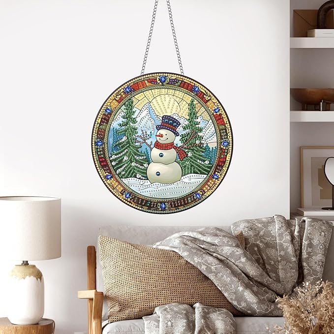 Pavemlo Hanging Diamond Art Kits for Adults Christmas Snowman – 8x8 Inch Double-Sided Acrylic Board DIY Crystal Diamond Suncatcher Pendant, Sparkling Home Wall or Window Decoration Handmade Gift