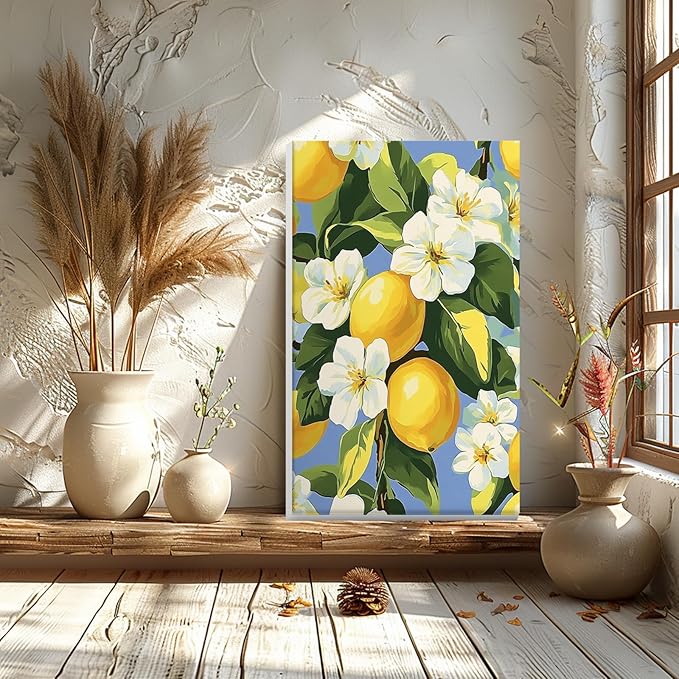 GHHKUD Lemon Paint by Numbers Kits with Frame for Adults Beginners, DIY Summer Flower Paint by Numbers for Kids, Painting Art on Canvas Gifts Home Wall Decor 20x30cm