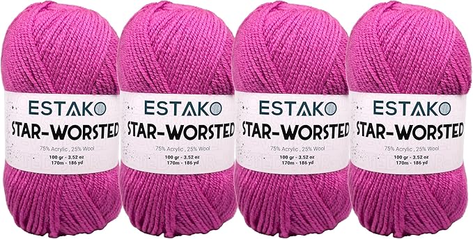 Estako Star-Worsted Yarn - (4 Skeins Pack) - 75% Acrylic 25% Wool - Soft Medium Weight #4 - (4 x 3.52 oz / 4 x 186 yds) - Crochet & Knitting Yarn (43308 - Pink)