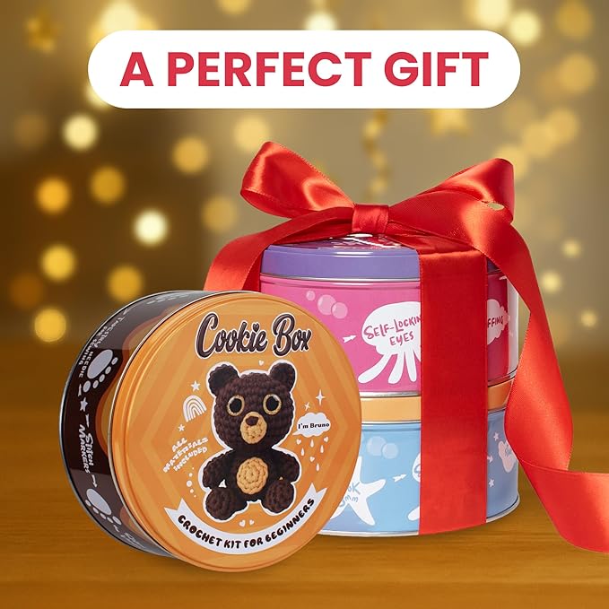 Cookie Box Original Crochet Kit for Beginners – Gift Set to Make Bear Bruno Amigurumi Plushie – Easy DIY Crochet & Knitting Starter Kit with Video and PDF Tutorials