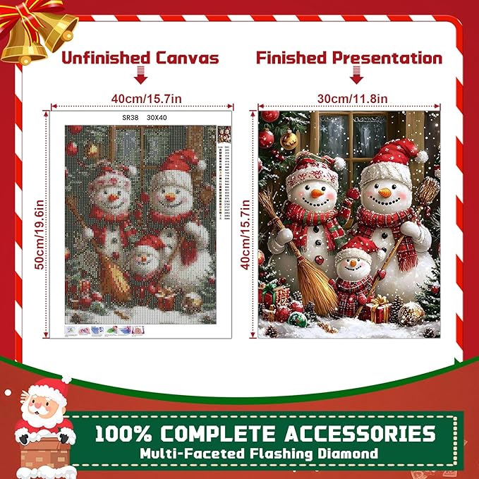 EMIEAUFG Christmas Diamond Art Kits for Adults, Christmas Snowman Family Diamond Paiting Kit for Beginners, 5D DIY Round Full Drill Craft Diamond Dot Gem Art, Home Wall Decor 12" x 16"