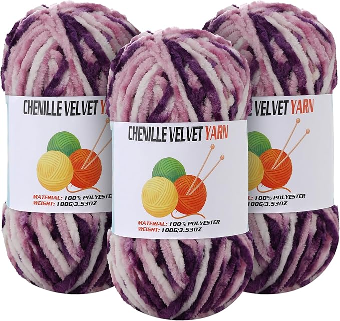 3 * 100g Velvet Chenille Chunky Yarn for Crocheting, Handcrafts Weaving Soft Chenille Yarn for Crocheting Clearance, Used for Making Baby Yarns Blanket, Clothes, Knitting Creations (Colorful - F)