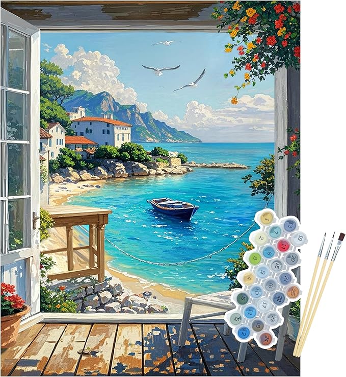 NPCSWXQ Paint By Numbers Kit for Adults Beginners,Seaside Scenery Paint by Numbers on Canvas,Acrylic Painting Crafts Number Artist Paint Kit for Home Wall Bedroom Study or Office Decor Gift 16x20In