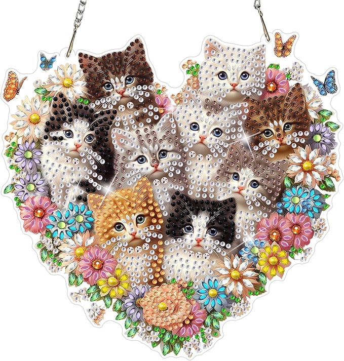 MEIYUDA Cat Diamond Art Hanging Kits for Adult, Flower Cats Diamond Painting Hanging Kits Ornaments, DIY Special Shaped Rhinestone Window Pendants Kit for Home Garden Wall Decor Gift
