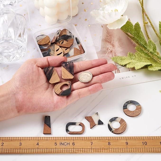 Beadthoven 20pcs/10 Pairs Ink Pattern Resin Wood Charms DIY Bohemian Earrings Black Clear Resin Wood Pendants Natural Wooden Pieces Tag Assorted Pendants for Fashion Jewelry Making Necklace Keychain