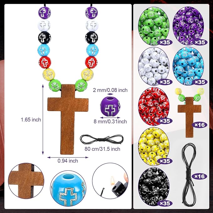 Kathfly 277 Pcs Wooden Cross Necklace Crafts Sunday School Crafts Kit DIY Christian Catholic Rosary Cross Pendant Religious Charms with Colorful Beads for VBS Church Men Women