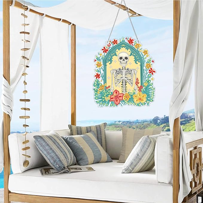 VAIIEYO Skull Diamond Art Hanging Ornament, Flower Diamond Painting Suncatchers Window Hanging Kit with Chain, 7.5x7.5 inch Crystal Pendant Art Craft for Gift Home Wall Front Door Decoration
