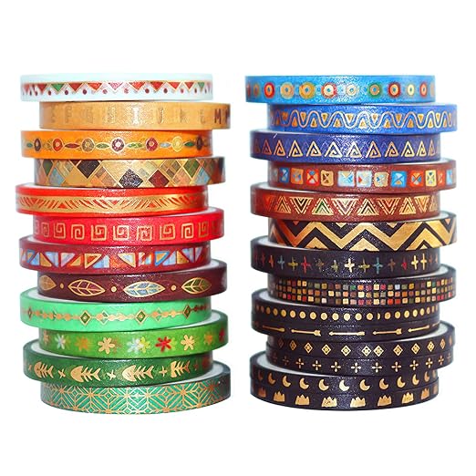 Dizdkizd Slim Washi Tape, Foil Gold Washi Tape Skinny for Planners Scrapbooks Cards Decoration, Tribal Ethnic Patterns, 3mm/5mm, 3m per Roll, A Set of 26 Rolls