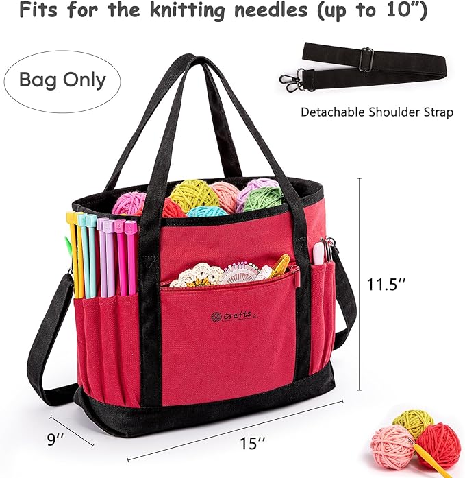 Canvas Yarn Storage Organizer Bag Washable Crochet Bag with Pockets for Yarn, Hooks, Needles – Travel Knitting Tote for Crafters – Gift for Crocheters & Knitters (Medium/Large)