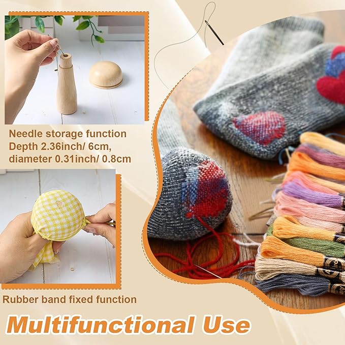 Jexine Mini Darning Mushroom for Socks 14 Hooks Small Speedweve Style Weaving Darning Loom with 9 Pcs Large Eye Needles 50 Colors Thread for Handcraft DIY Weaving Repair Tool
