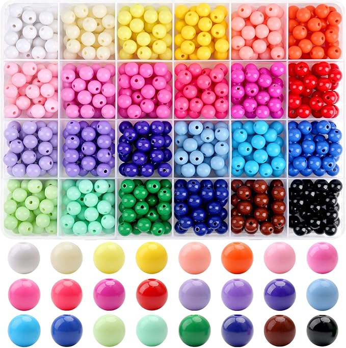 600Pcs 8mm Candy Color Acrylic Round Beads, 24 Colors Assorted Plastic Bubble Gum Beads with Hole Loose Beads Bulk for Bracelets Necklace Jewelry Making DIY Crafts