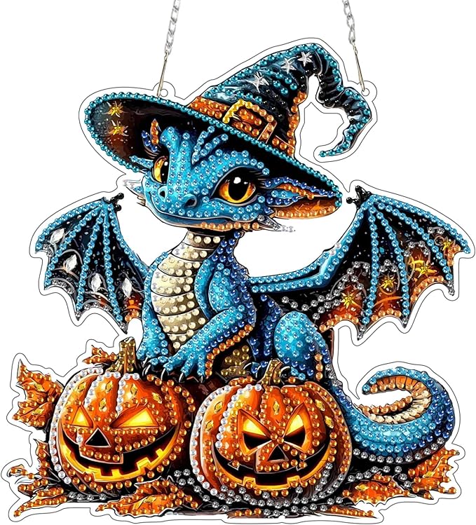 SENQAO Dragon Diamond Art Hanging Kits for Adults, Acrylic Diamonds Painting Pendant Board Kit Halloween Pumpkin, Diamond Art Painting Window Pendants Home Garden Wall Hanging Kits Hanging Ornament