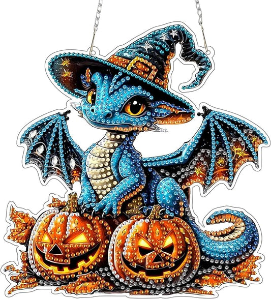 SENQAO Dragon Diamond Art Hanging Kits for Adults, Acrylic Diamonds Painting Pendant Board Kit Halloween Pumpkin, Diamond Art Painting Window Pendants Home Garden Wall Hanging Kits Hanging Ornament